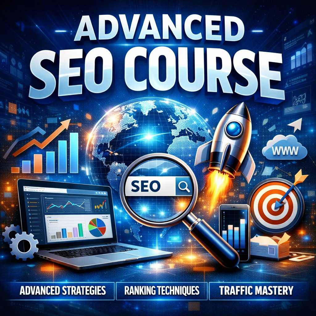 Advanced SEO course training illustration with keyword research, website analytics dashboard, search ranking growth, and digital marketing tools