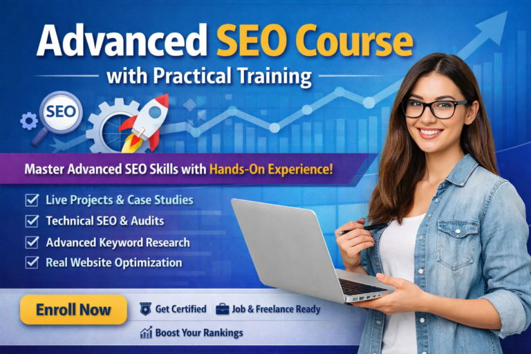 Advanced SEO course with practical training showing hands-on SEO learning, live projects, and website optimization