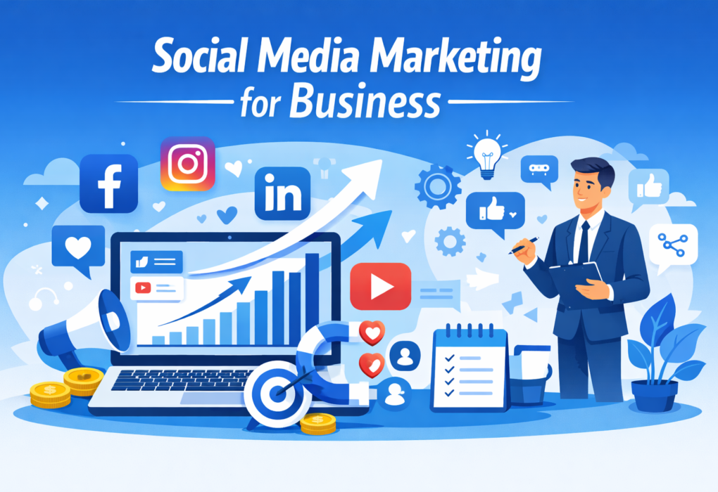 Social media marketing for business strategy showing growth analytics, social media platforms, and digital branding