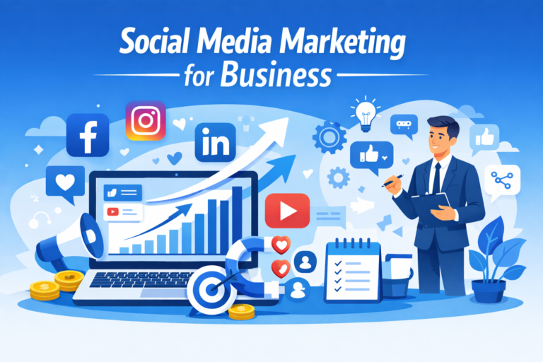 Social media marketing for business strategy showing growth analytics, social media platforms, and digital branding