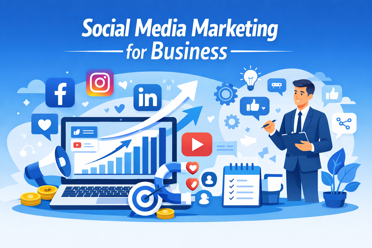 Social media marketing for business strategy showing growth analytics, social media platforms, and digital branding