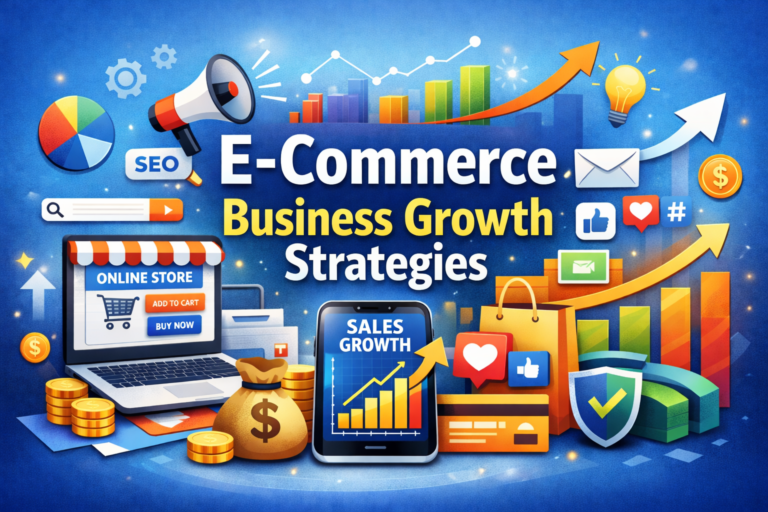 E-commerce business growth strategies showing sales growth, SEO, and online store optimization