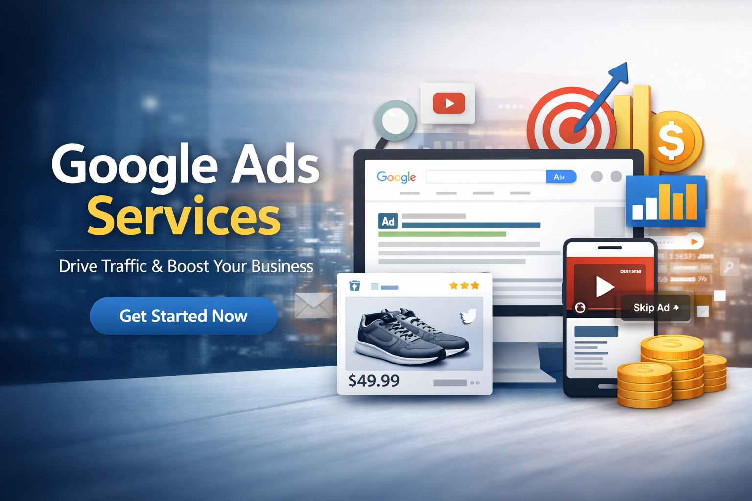Google Ads services dashboard showing search ads, video ads, analytics growth chart, and online advertising performance