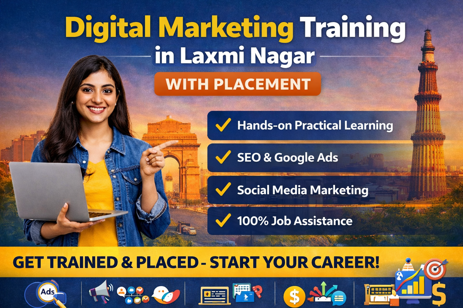Digital marketing training in Laxmi Nagar with placement showing SEO, Google Ads, social media marketing and job assistance course in Delhi
