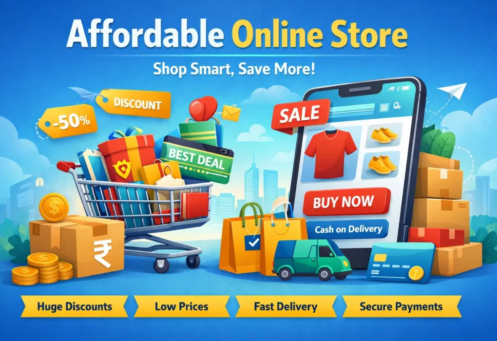 Affordable online store illustration showing shopping cart, discounts, mobile shopping app, fast delivery and secure payment options
