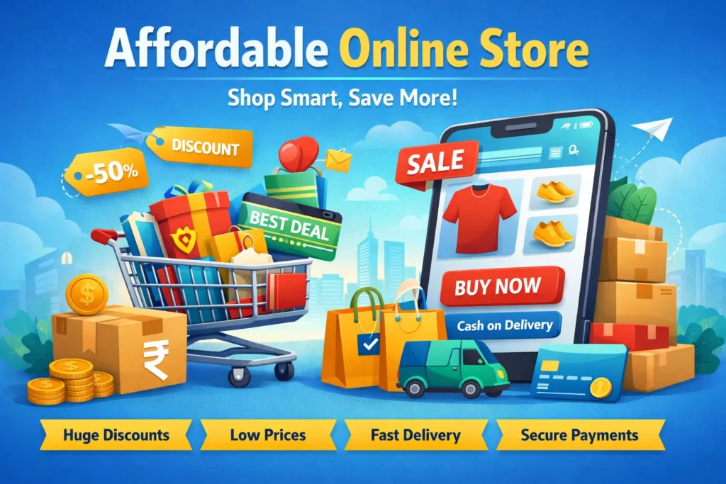 Affordable online store illustration showing shopping cart, discounts, mobile shopping app, fast delivery and secure payment options