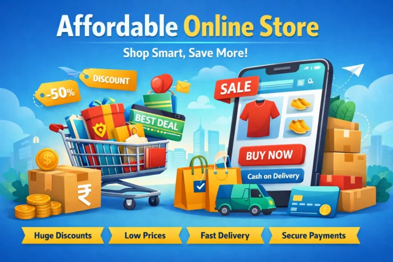 Affordable online store illustration showing shopping cart, discounts, mobile shopping app, fast delivery and secure payment options