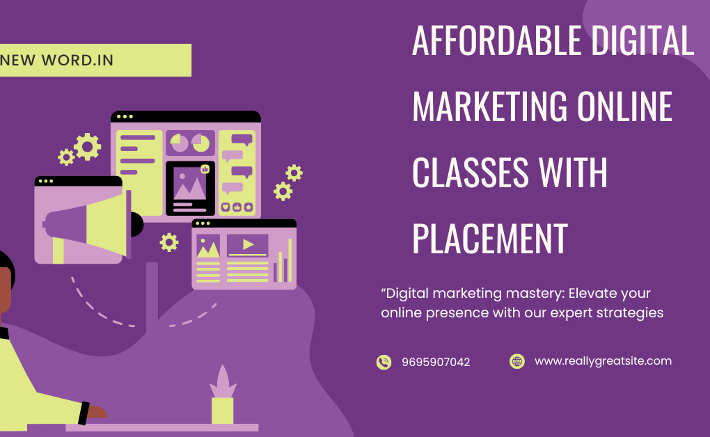 Affordable digital marketing online classes with placement showing online learning, SEO, social media, and digital marketing tools illustration