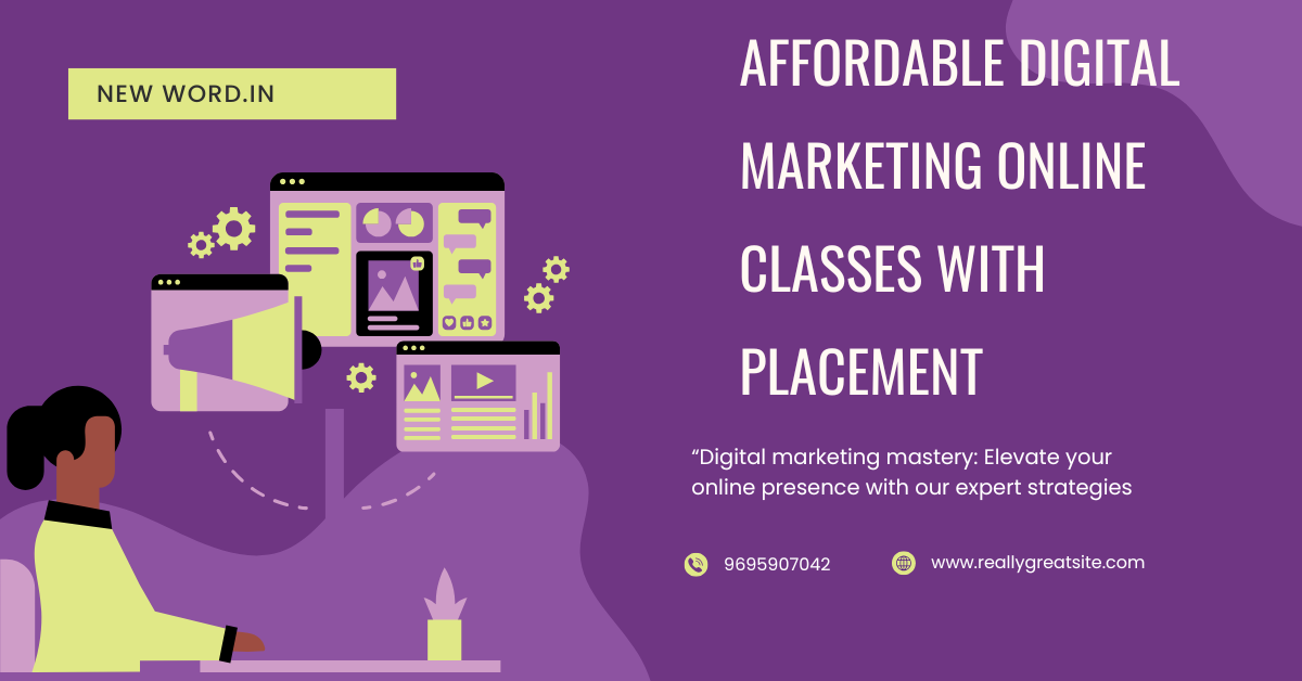 Affordable digital marketing online classes with placement showing online learning, SEO, social media, and digital marketing tools illustration