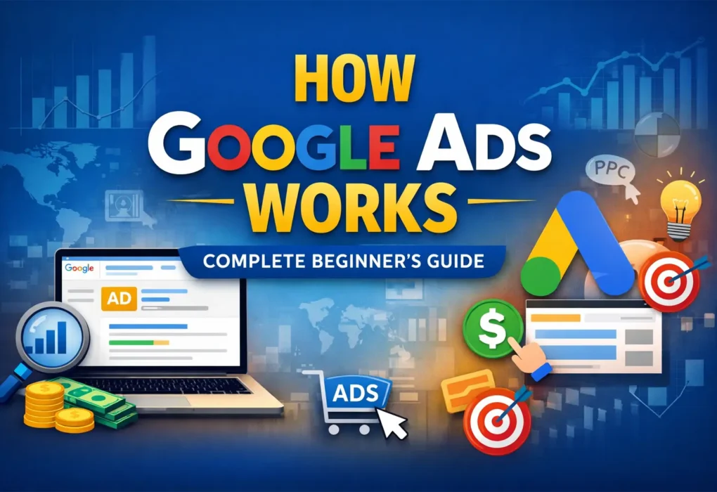 How Google Ads works illustration showing PPC ads, keyword targeting, bidding strategy, and digital marketing analytics