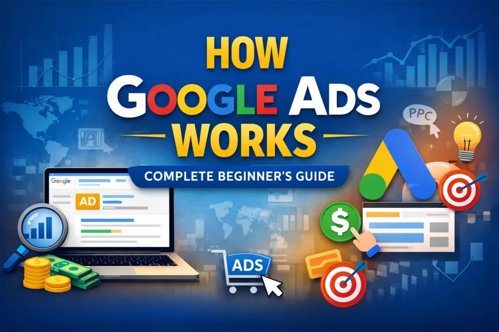 How Google Ads works illustration showing PPC ads, keyword targeting, bidding strategy, and digital marketing analytics