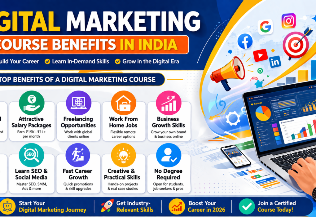 Infographic showing digital marketing course benefits in India including high demand jobs, good salary, freelancing, business growth, and career opportunities