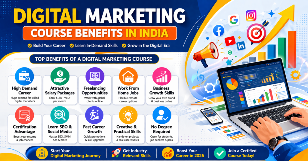 Infographic showing digital marketing course benefits in India including high demand jobs, good salary, freelancing, business growth, and career opportunities